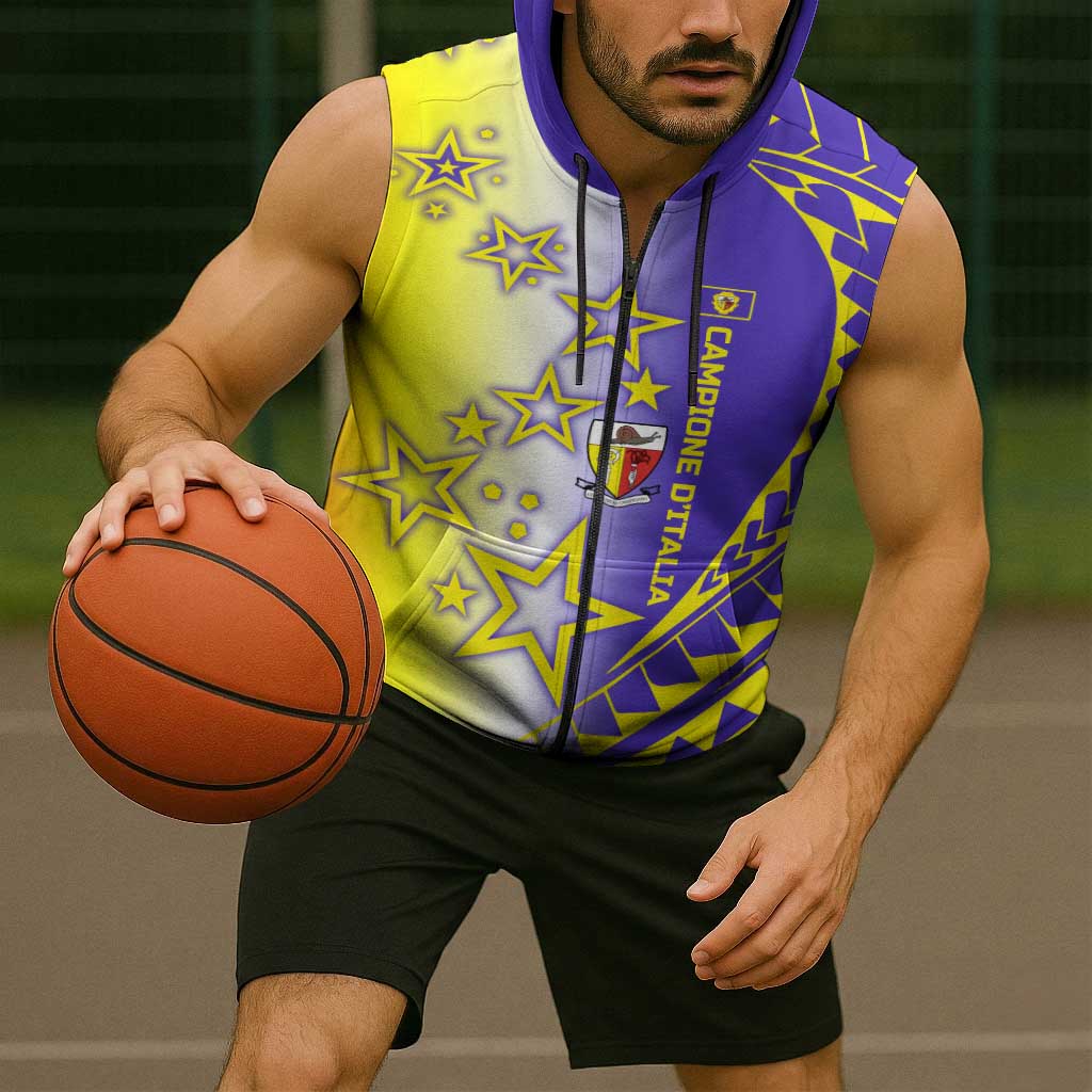 Campione d’Italia Sleeveless Zip Hoodie with Yellow Purple Star Design and Town Crest - Wonder Print Shop