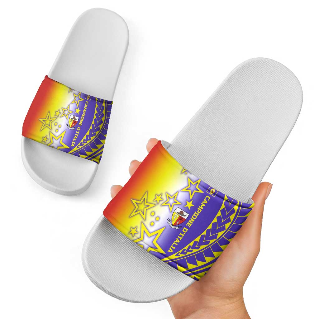 Campione d’Italia Slide Sandals with Yellow Purple Star Design and Town Crest - Wonder Print Shop