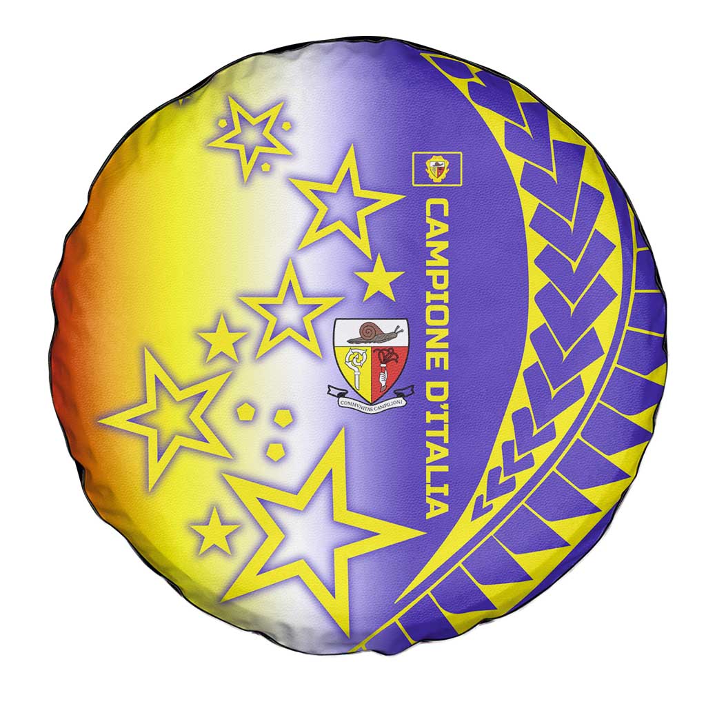 Campione d’Italia Spare Tire Cover with Yellow Purple Star Design and Town Crest - Wonder Print Shop