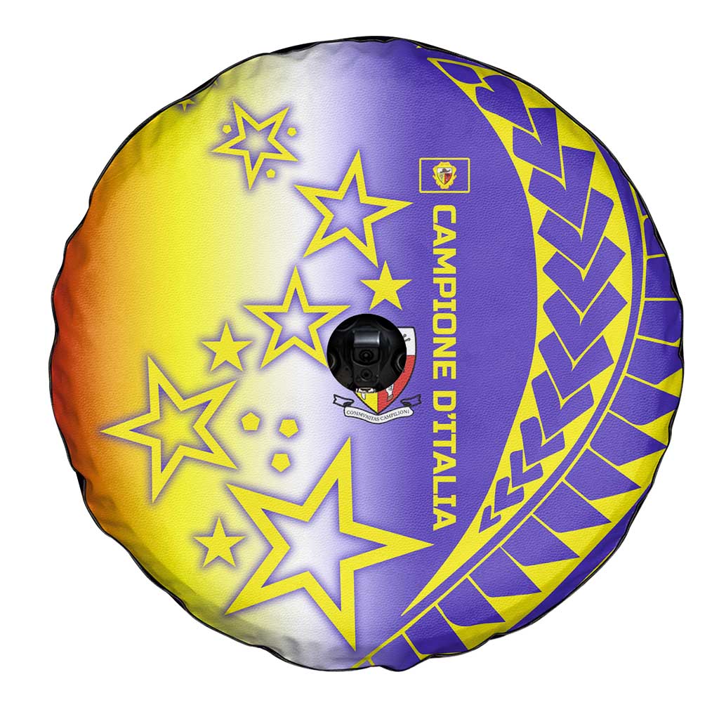 Campione d’Italia Spare Tire Cover with Yellow Purple Star Design and Town Crest - Wonder Print Shop