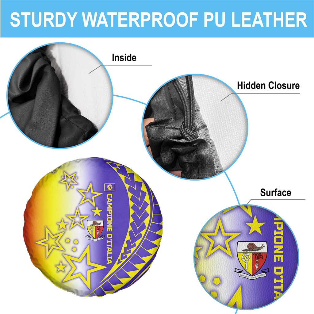 Campione d’Italia Spare Tire Cover with Yellow Purple Star Design and Town Crest - Wonder Print Shop