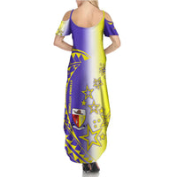 Campione d’Italia Summer Maxi Dress with Yellow Purple Star Design and Town Crest - Wonder Print Shop