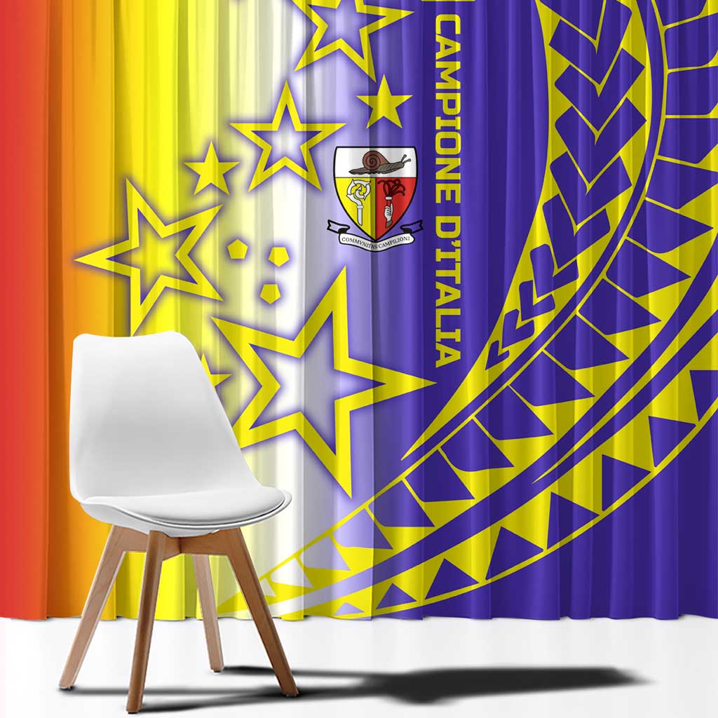Campione d’Italia Window Curtain with Yellow Purple Star Design and Town Crest - Wonder Print Shop