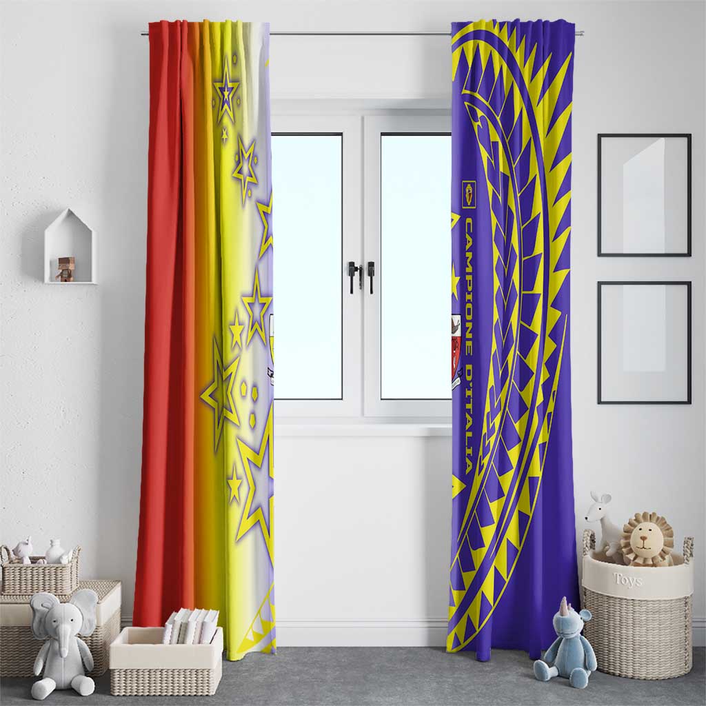 Campione d’Italia Window Curtain with Yellow Purple Star Design and Town Crest - Wonder Print Shop