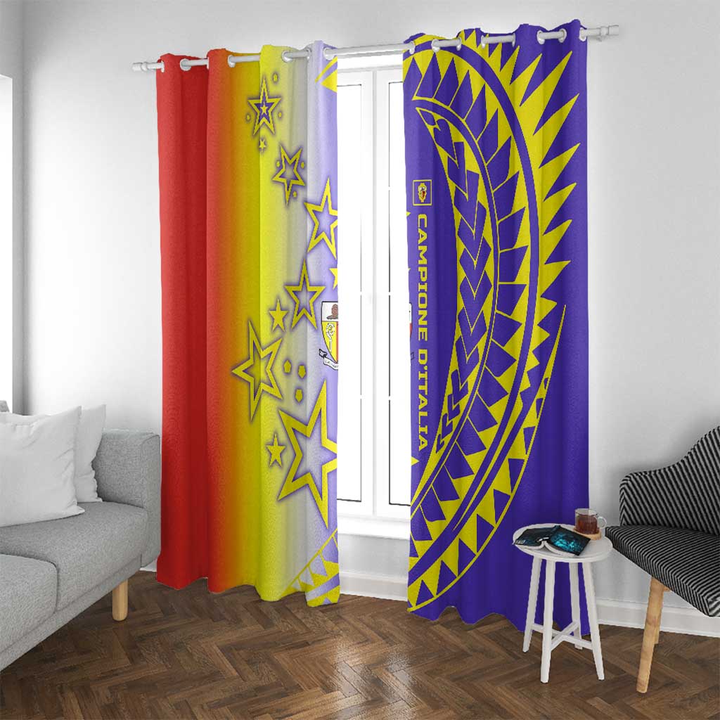 Campione d’Italia Window Curtain with Yellow Purple Star Design and Town Crest - Wonder Print Shop