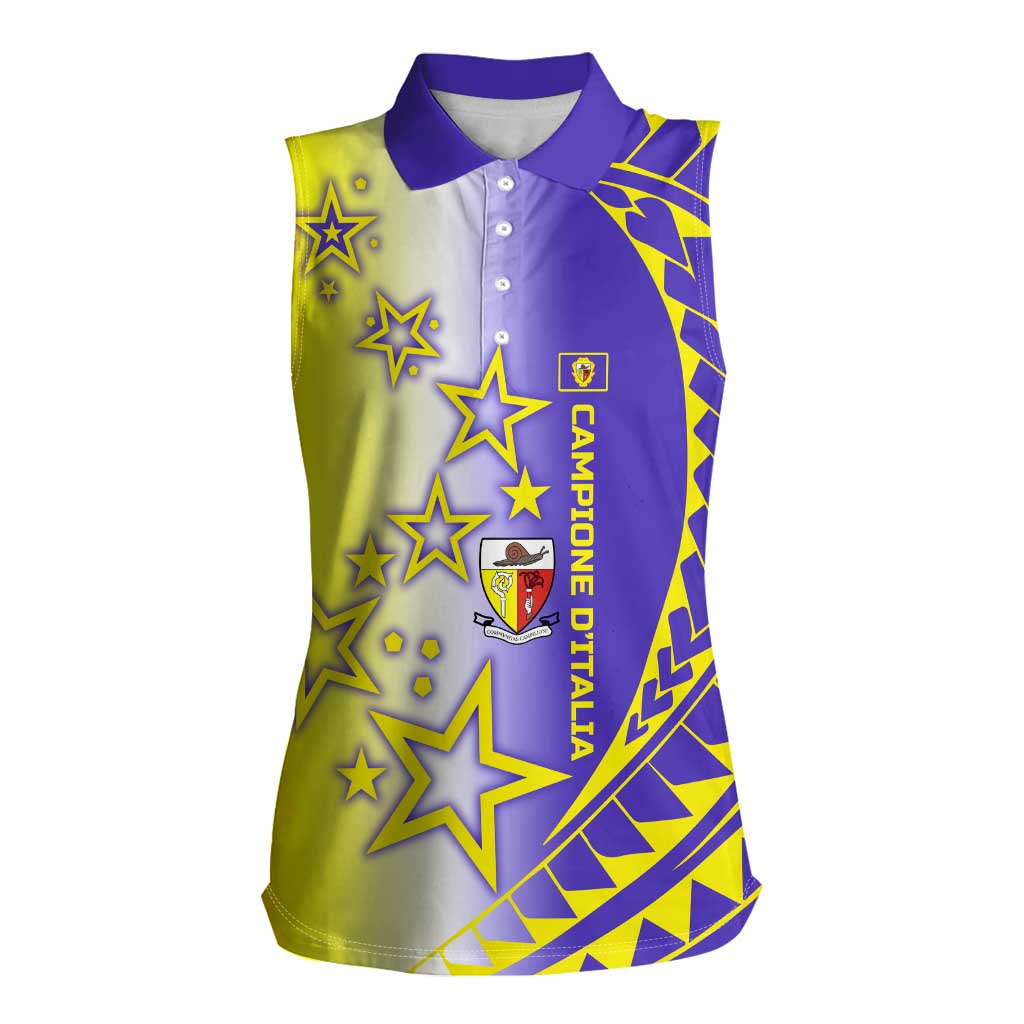 Campione d’Italia Women Sleeveless Polo Shirt with Yellow Purple Star Design and Town Crest - Wonder Print Shop