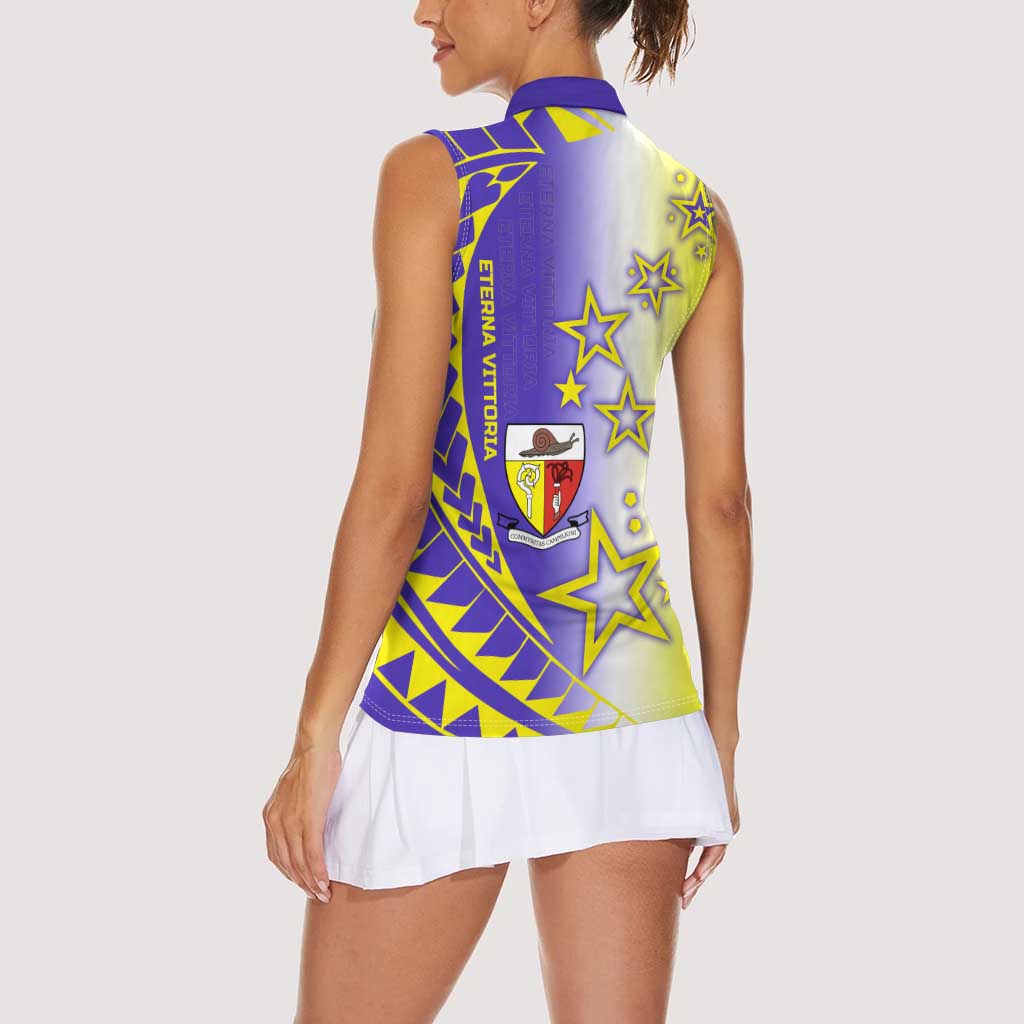 Campione d’Italia Women Sleeveless Polo Shirt with Yellow Purple Star Design and Town Crest - Wonder Print Shop