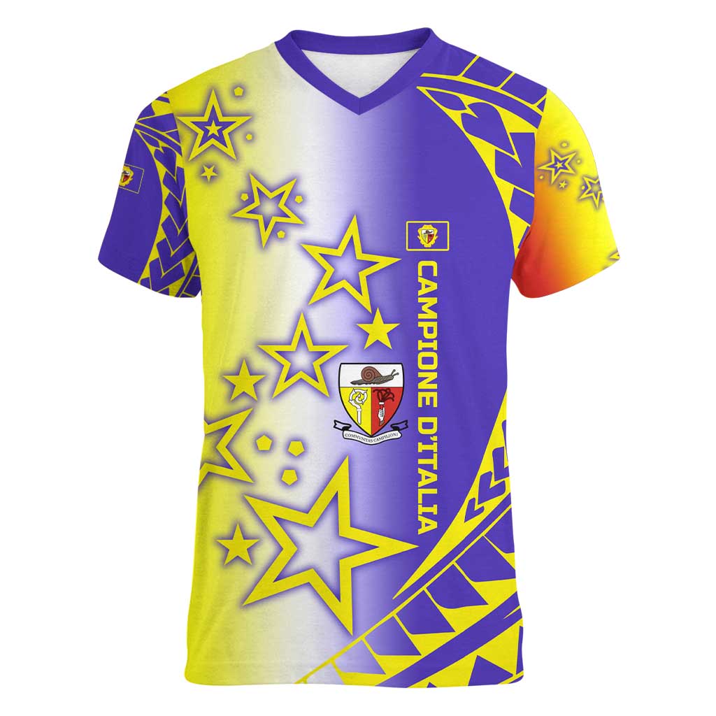 Campione d’Italia Women V-Neck T-Shirt with Yellow Purple Star Design and Town Crest - Wonder Print Shop