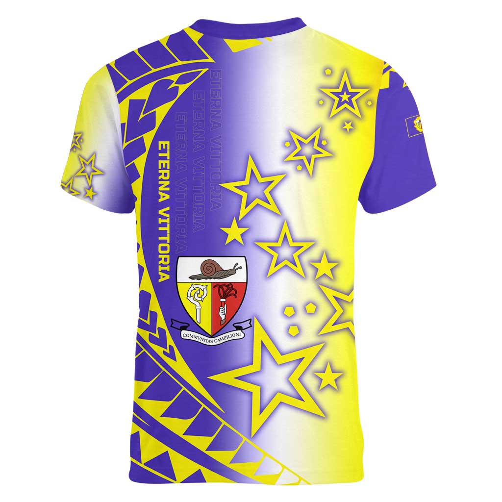 Campione d’Italia Women V-Neck T-Shirt with Yellow Purple Star Design and Town Crest - Wonder Print Shop