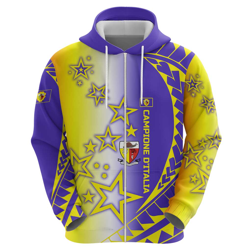 Campione d’Italia Zip Hoodie with Yellow Purple Star Design and Town Crest - Wonder Print Shop