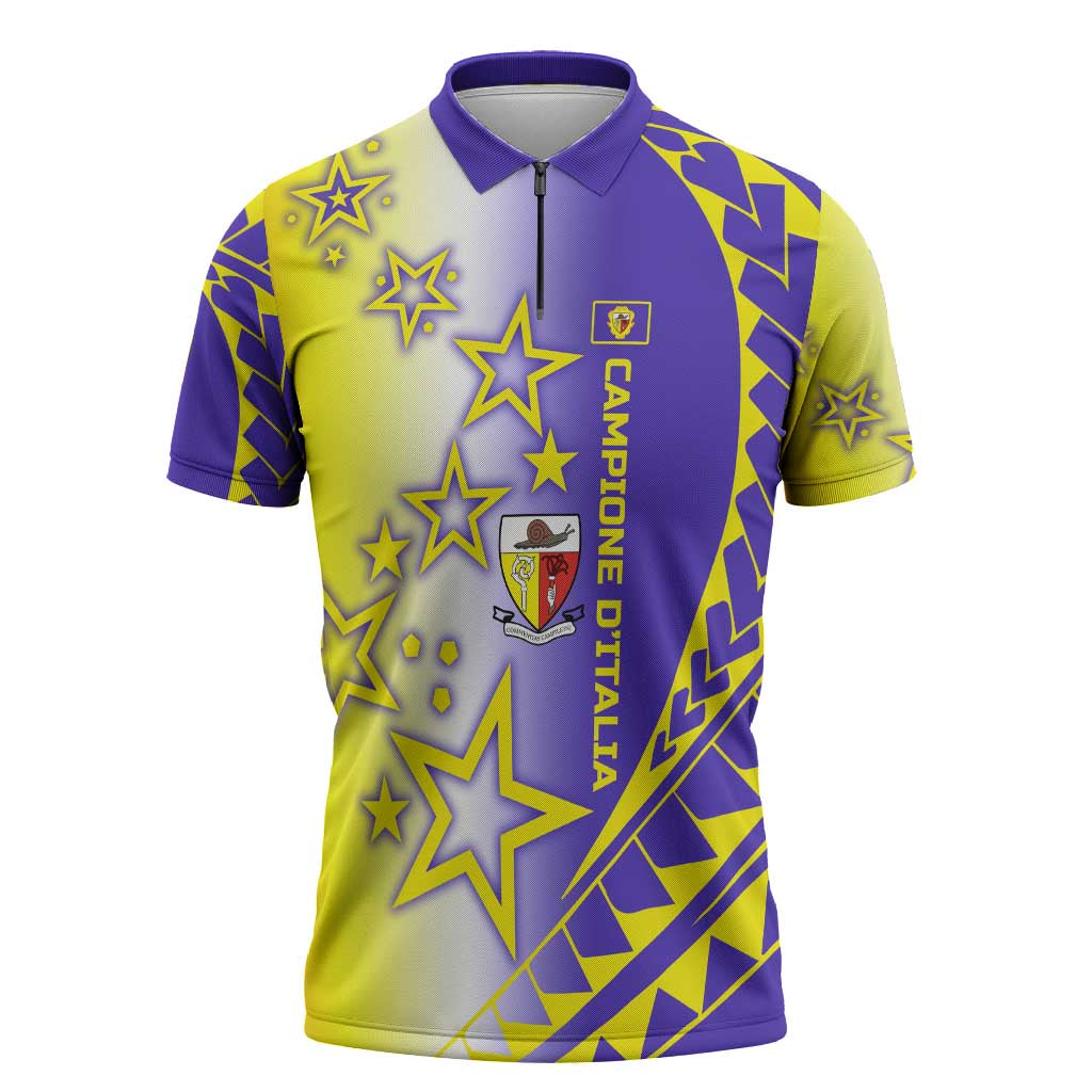 Campione d’Italia Zipper Polo Shirt with Yellow Purple Star Design and Town Crest - Wonder Print Shop
