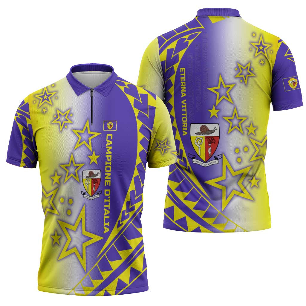 Campione d’Italia Zipper Polo Shirt with Yellow Purple Star Design and Town Crest - Wonder Print Shop