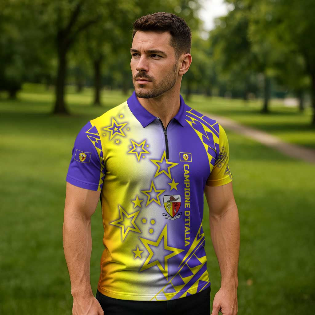 Campione d’Italia Zipper Polo Shirt with Yellow Purple Star Design and Town Crest - Wonder Print Shop