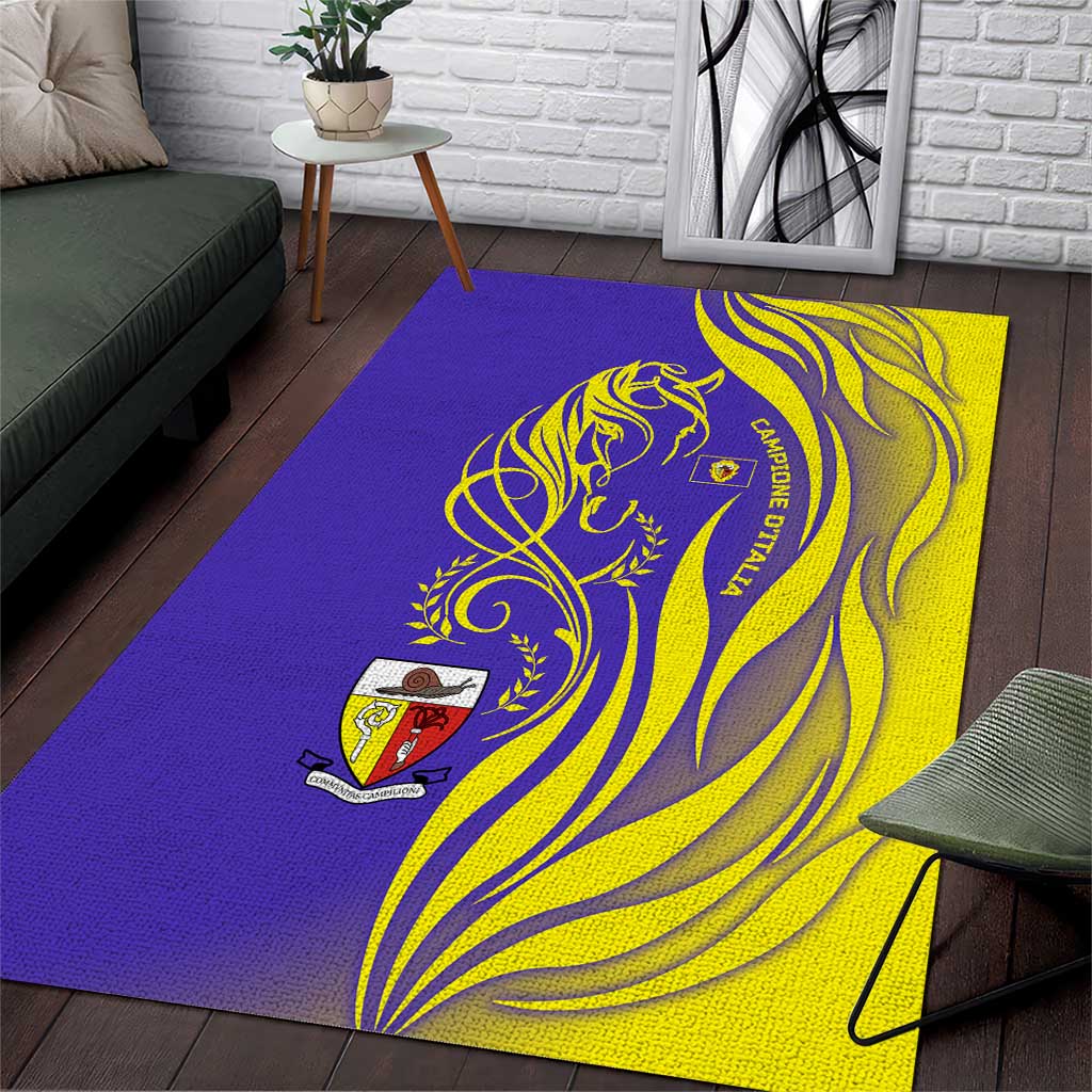 Campione d’Italia Area Rug with Yellow Horse Graphic and Purple Flame Crest - Wonder Print Shop