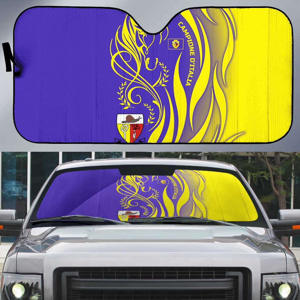 Campione d’Italia Auto Sun Shade with Yellow Horse Graphic and Purple Flame Crest - Wonder Print Shop