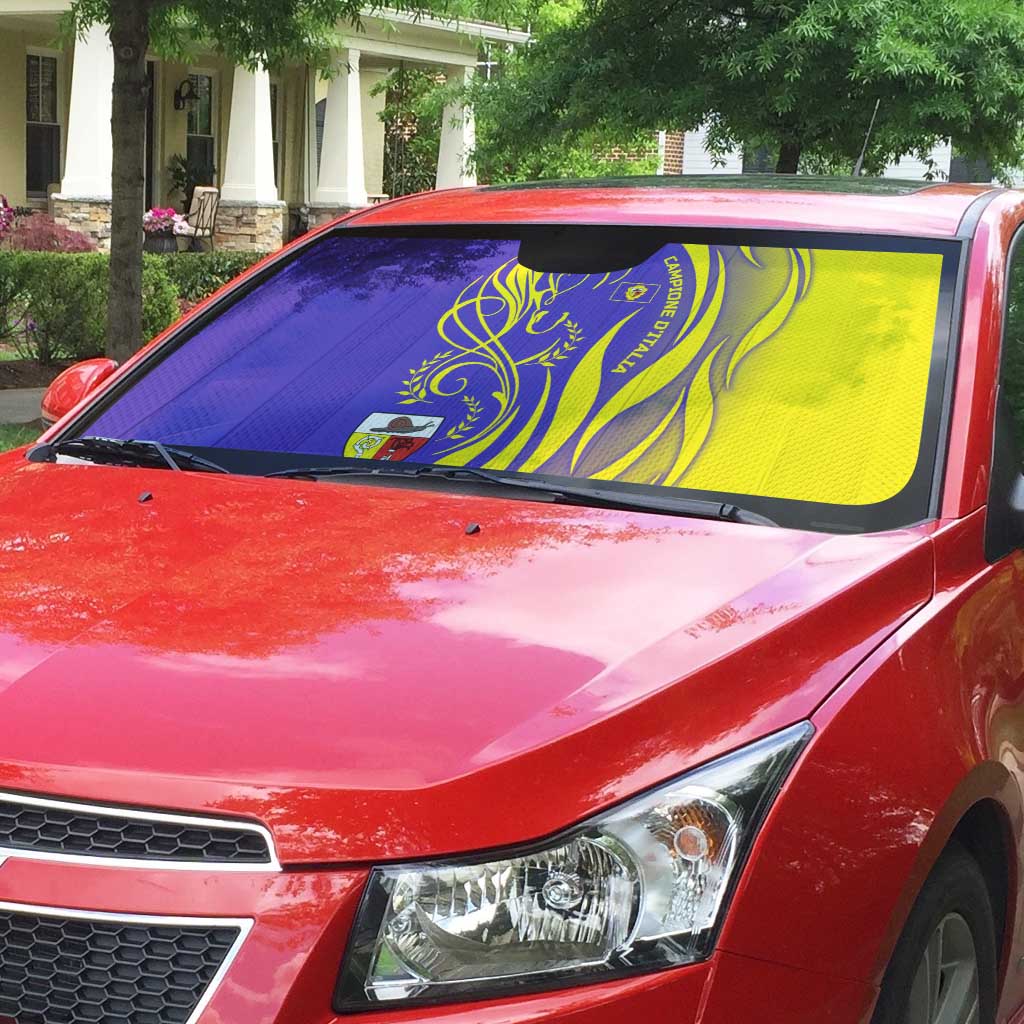 Campione d’Italia Auto Sun Shade with Yellow Horse Graphic and Purple Flame Crest - Wonder Print Shop