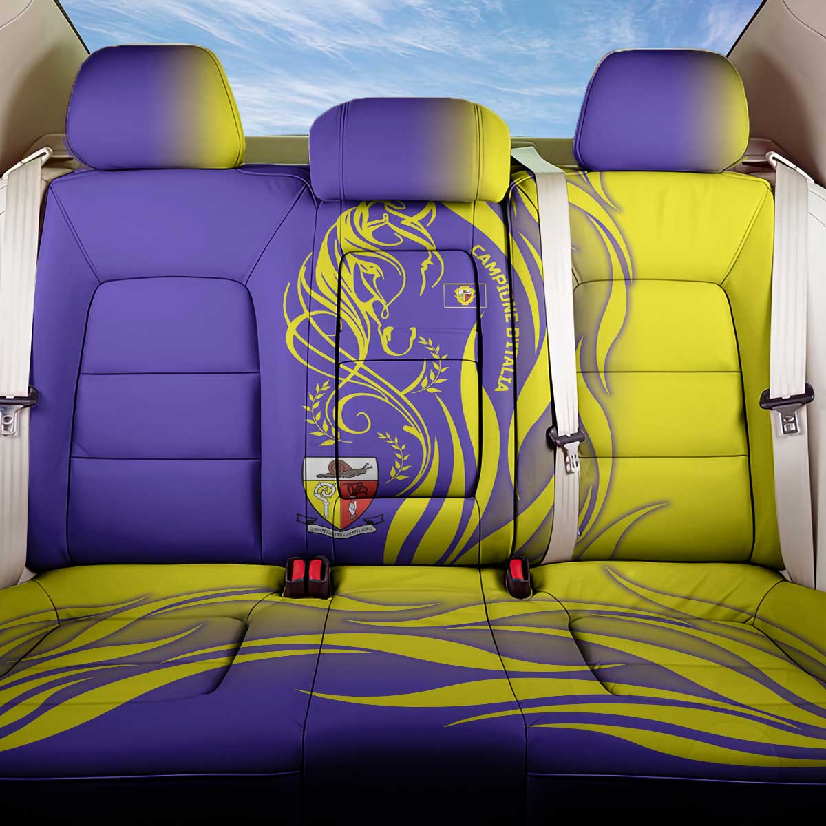 Campione d’Italia Back Car Seat Cover with Yellow Horse Graphic and Purple Flame Crest - Wonder Print Shop