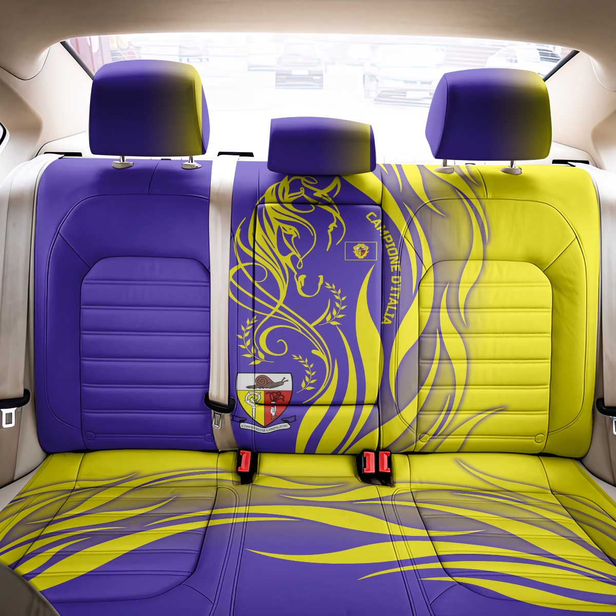 Campione d’Italia Back Car Seat Cover with Yellow Horse Graphic and Purple Flame Crest - Wonder Print Shop