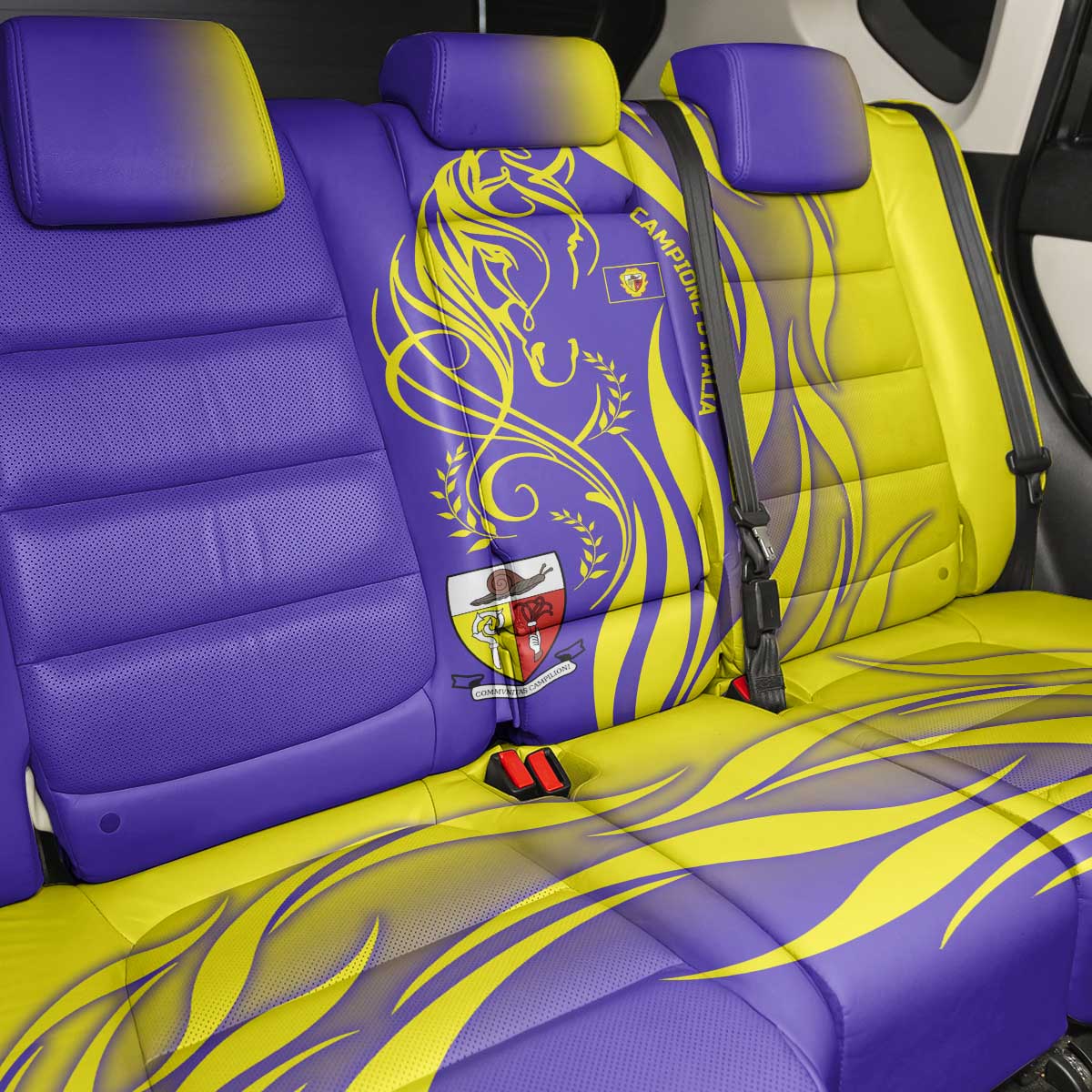 Campione d’Italia Back Car Seat Cover with Yellow Horse Graphic and Purple Flame Crest - Wonder Print Shop