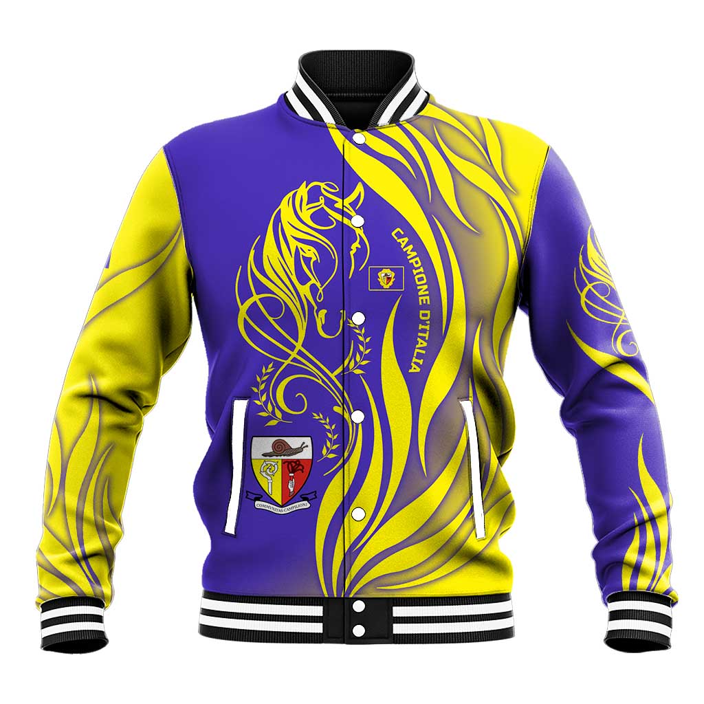 Campione d’Italia Baseball Jacket with Yellow Horse Graphic and Purple Flame Crest - Wonder Print Shop