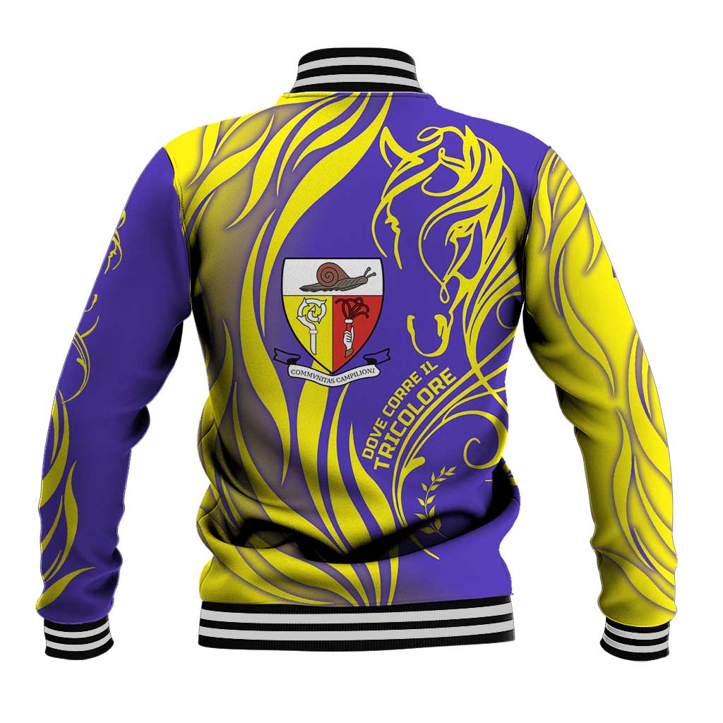 Campione d’Italia Baseball Jacket with Yellow Horse Graphic and Purple Flame Crest - Wonder Print Shop