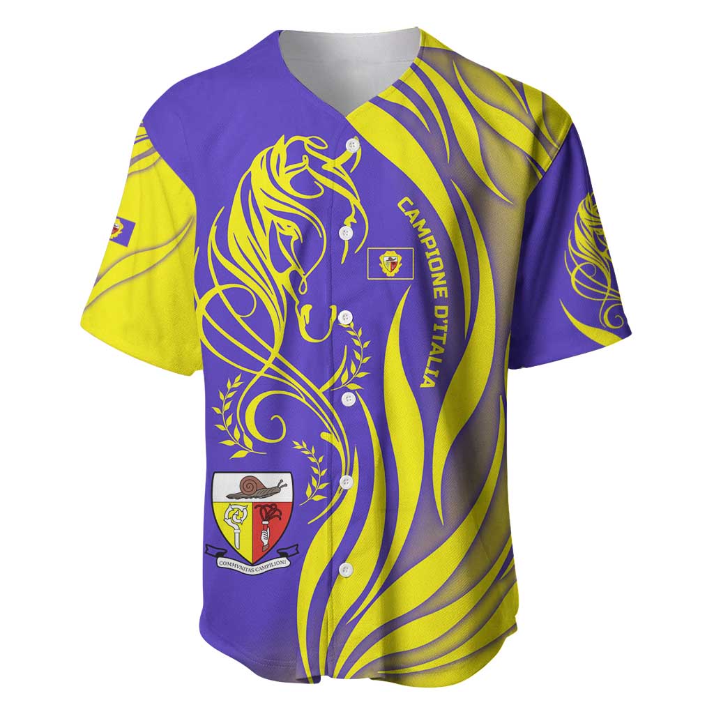 Campione d’Italia Baseball Jersey with Yellow Horse Graphic and Purple Flame Crest - Wonder Print Shop