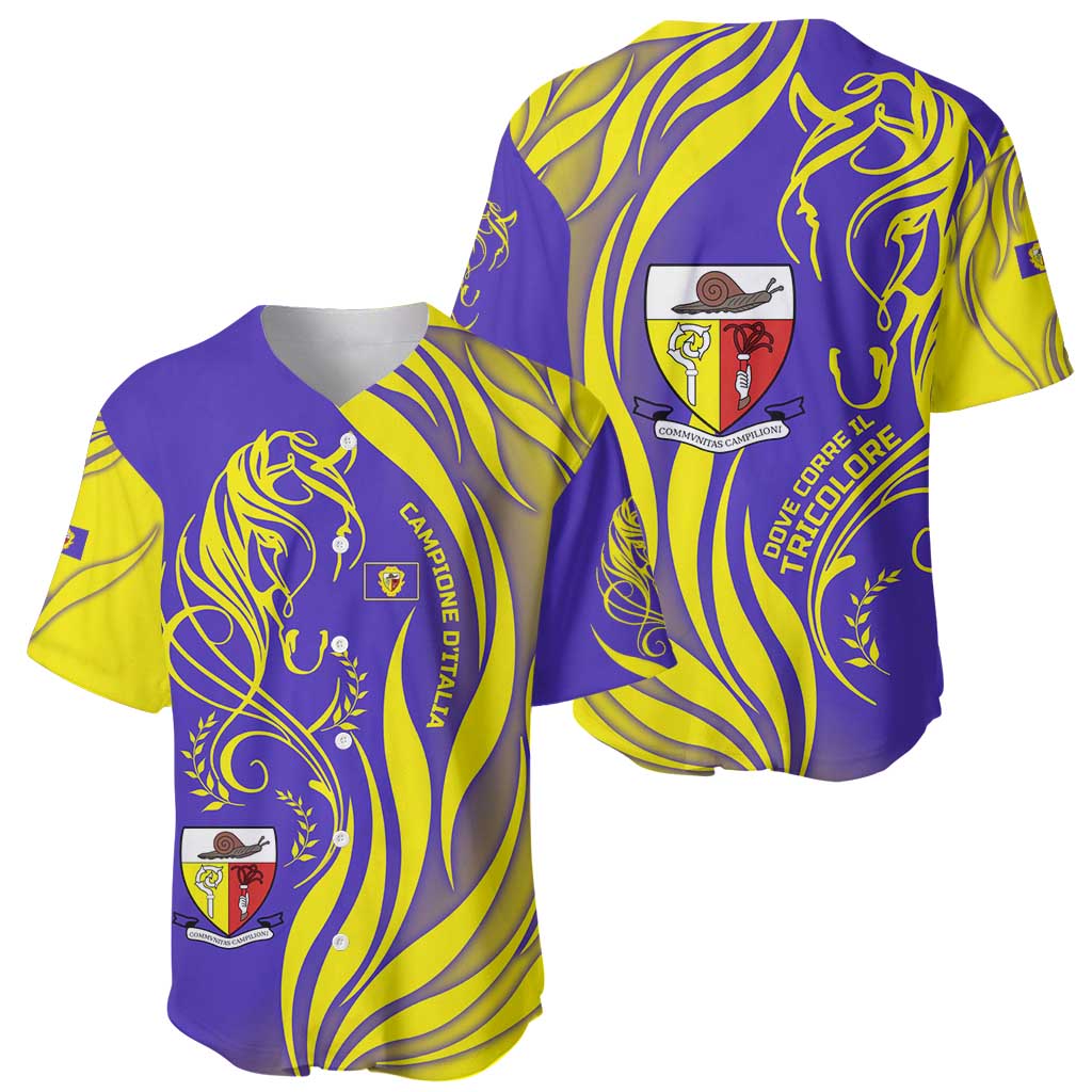 Campione d’Italia Baseball Jersey with Yellow Horse Graphic and Purple Flame Crest - Wonder Print Shop