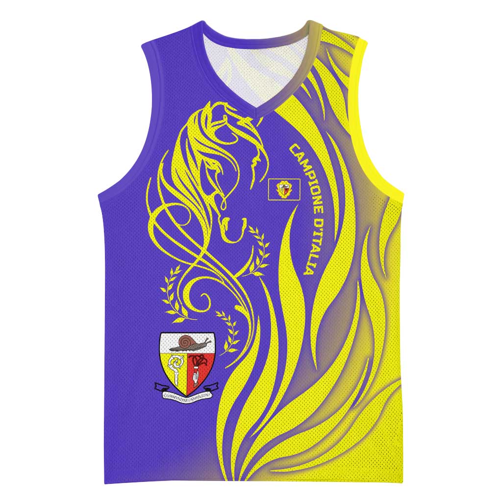Campione d’Italia Basketball Jersey with Yellow Horse Graphic and Purple Flame Crest - Wonder Print Shop