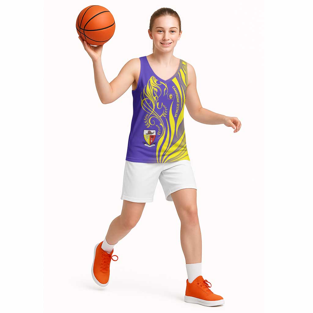 Campione d’Italia Basketball Jersey with Yellow Horse Graphic and Purple Flame Crest - Wonder Print Shop
