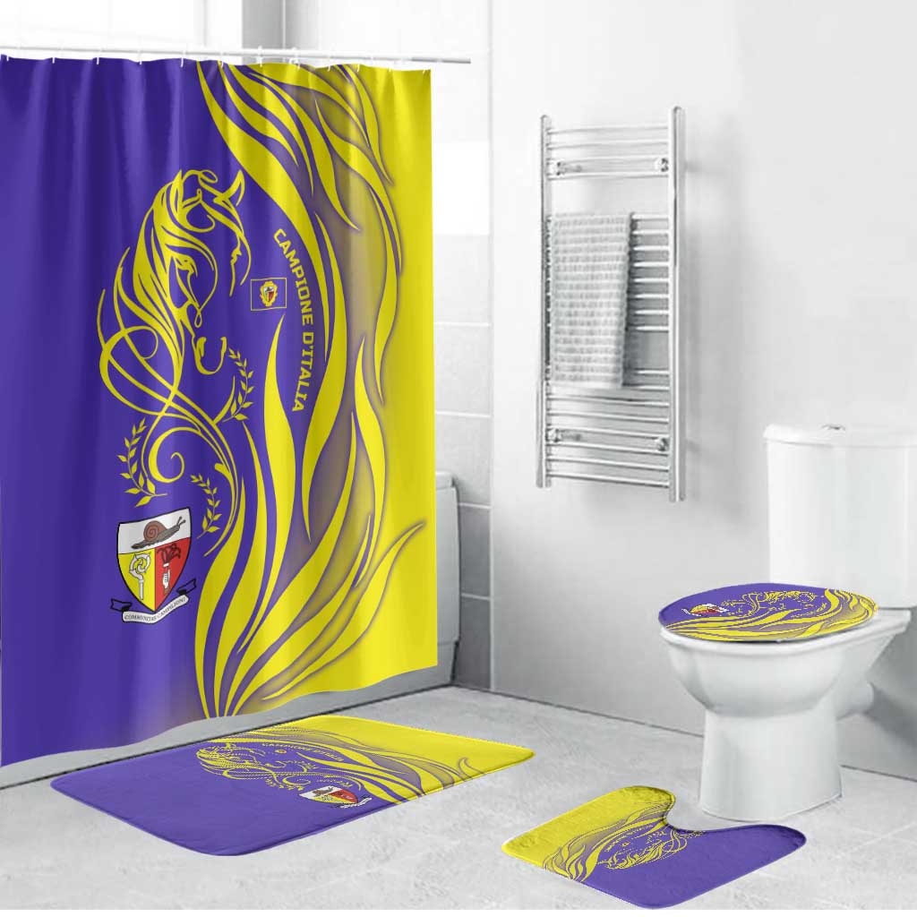 Campione d’Italia Bathroom Set with Yellow Horse Graphic and Purple Flame Crest - Wonder Print Shop