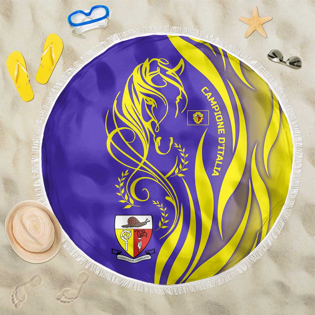 Campione d’Italia Beach Blanket with Yellow Horse Graphic and Purple Flame Crest - Wonder Print Shop