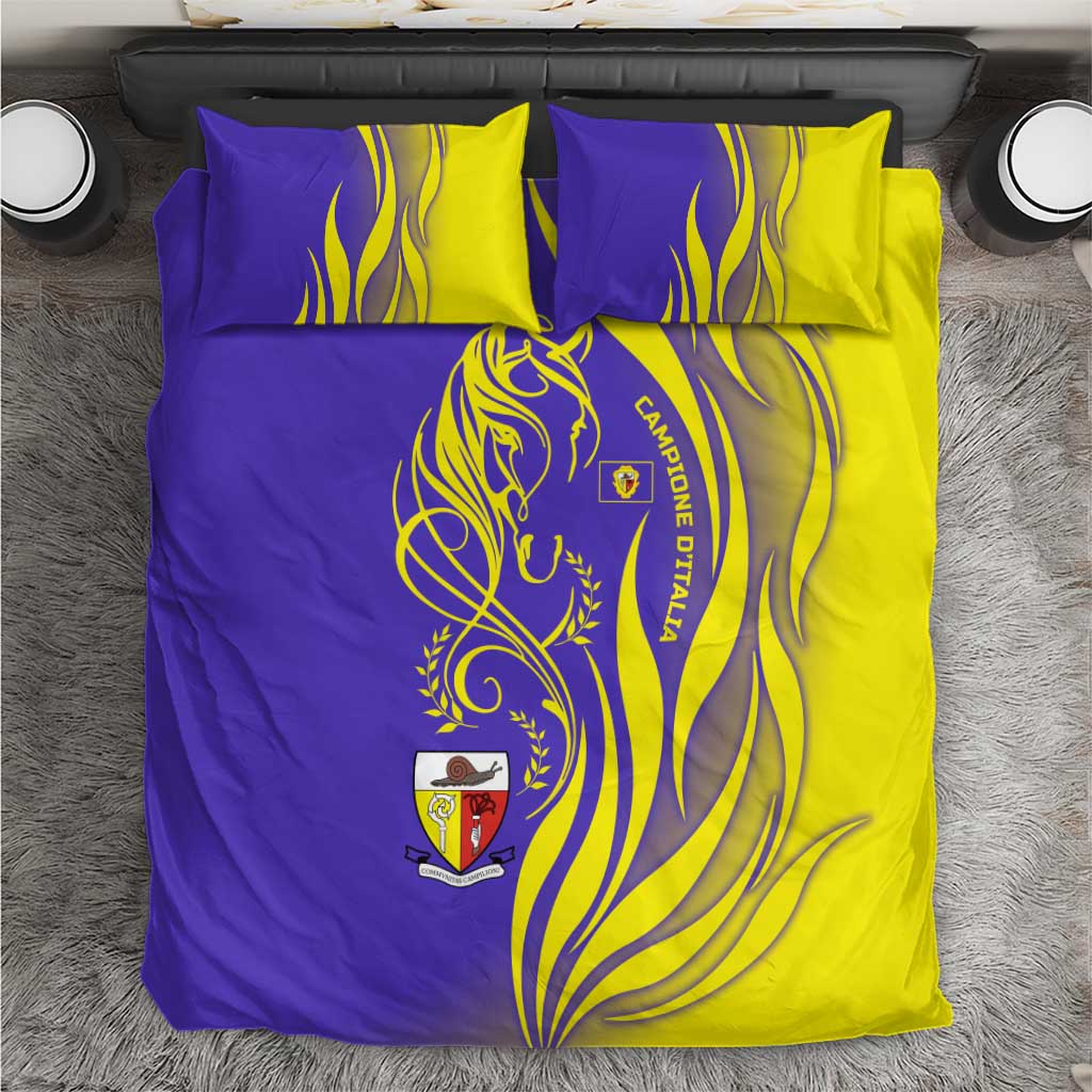 Campione d’Italia Bedding Set with Yellow Horse Graphic and Purple Flame Crest - Wonder Print Shop