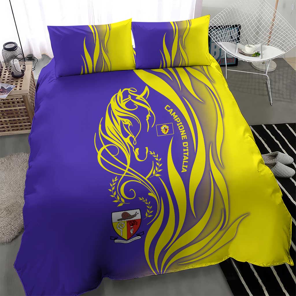 Campione d’Italia Bedding Set with Yellow Horse Graphic and Purple Flame Crest - Wonder Print Shop