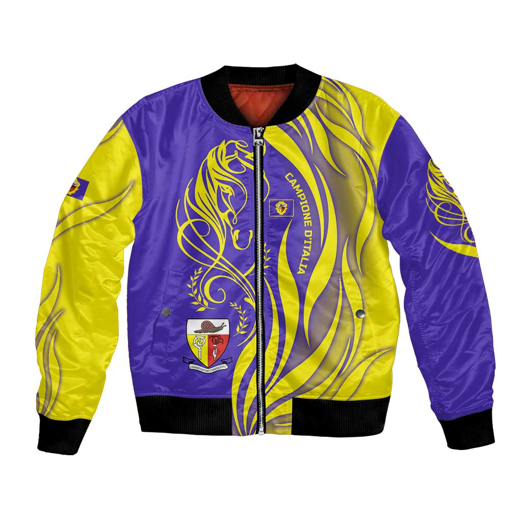 Campione d’Italia Bomber Jacket with Yellow Horse Graphic and Purple Flame Crest - Wonder Print Shop