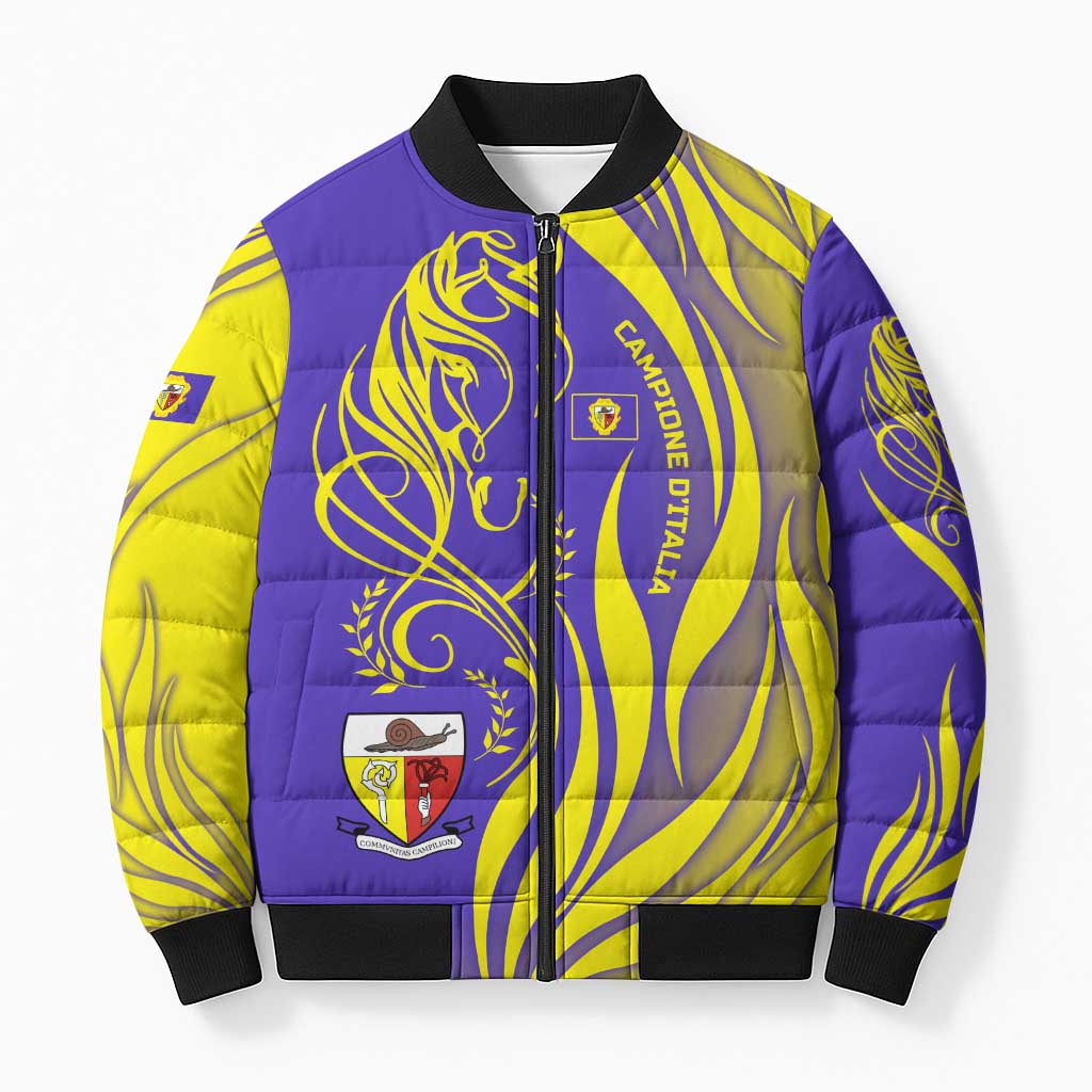 Campione d’Italia Bomber Puffer Jacket with Yellow Horse Graphic and Purple Flame Crest - Wonder Print Shop