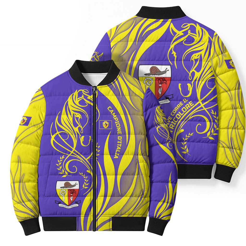 Campione d’Italia Bomber Puffer Jacket with Yellow Horse Graphic and Purple Flame Crest - Wonder Print Shop