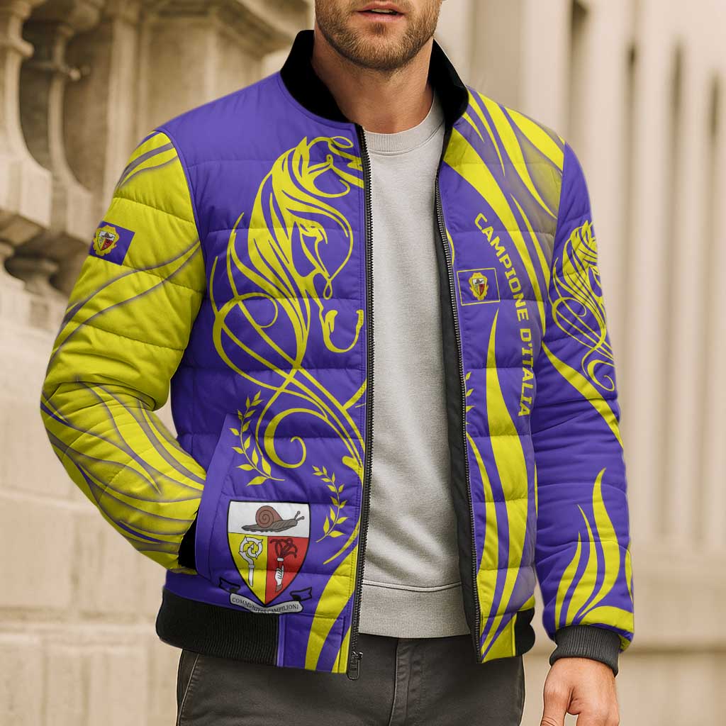 Campione d’Italia Bomber Puffer Jacket with Yellow Horse Graphic and Purple Flame Crest - Wonder Print Shop
