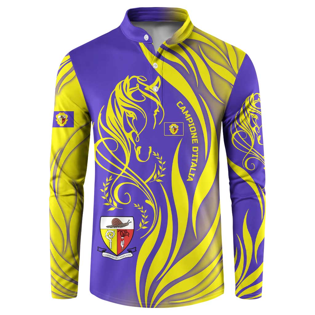 Campione d’Italia Button Sweatshirt with Yellow Horse Graphic and Purple Flame Crest - Wonder Print Shop