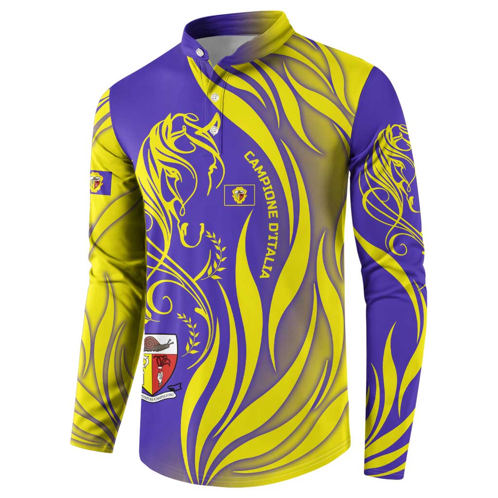 Campione d’Italia Button Sweatshirt with Yellow Horse Graphic and Purple Flame Crest - Wonder Print Shop