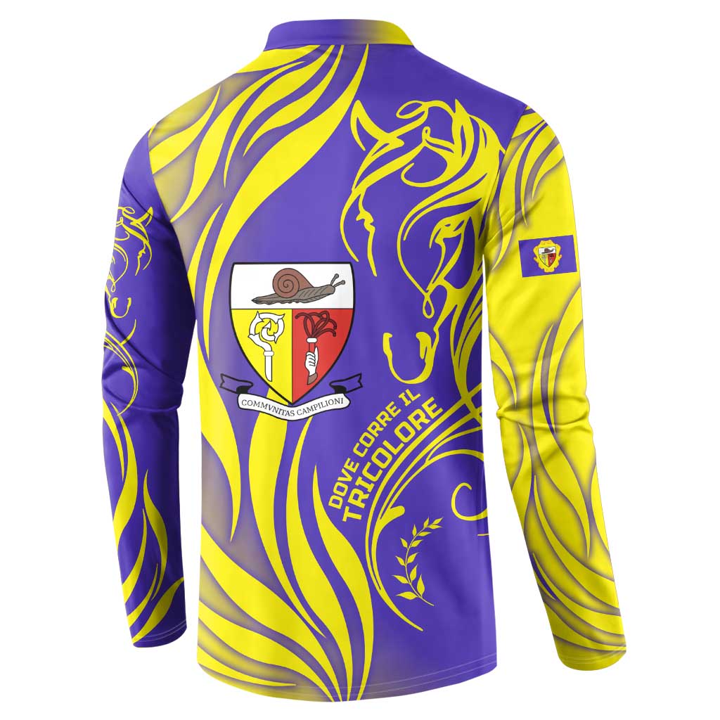 Campione d’Italia Button Sweatshirt with Yellow Horse Graphic and Purple Flame Crest - Wonder Print Shop