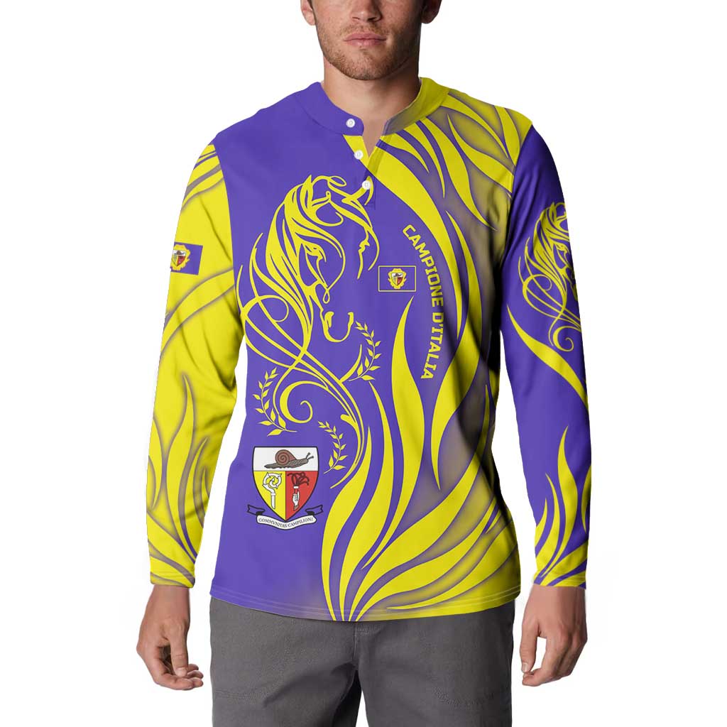 Campione d’Italia Button Sweatshirt with Yellow Horse Graphic and Purple Flame Crest - Wonder Print Shop