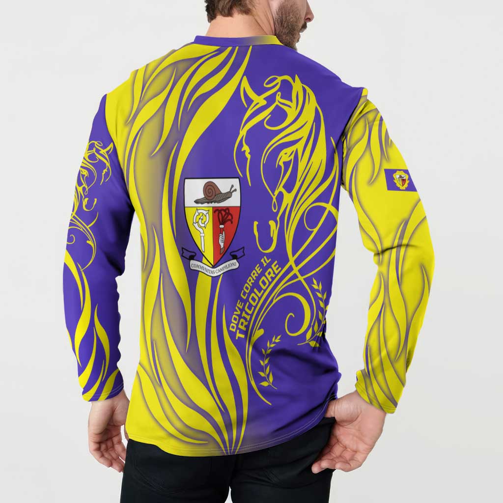 Campione d’Italia Button Sweatshirt with Yellow Horse Graphic and Purple Flame Crest - Wonder Print Shop