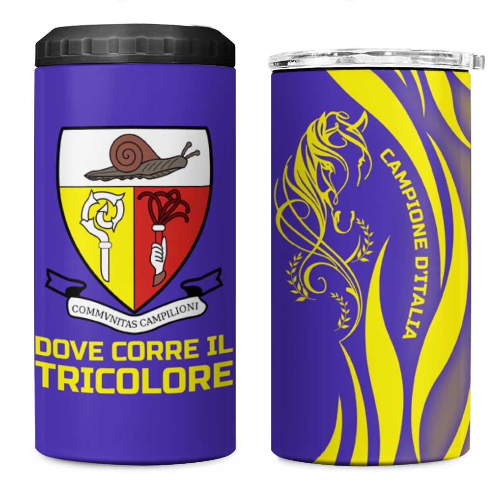 Campione d’Italia 4 in 1 Can Cooler Tumbler with Yellow Horse Graphic and Purple Flame Crest - Wonder Print Shop