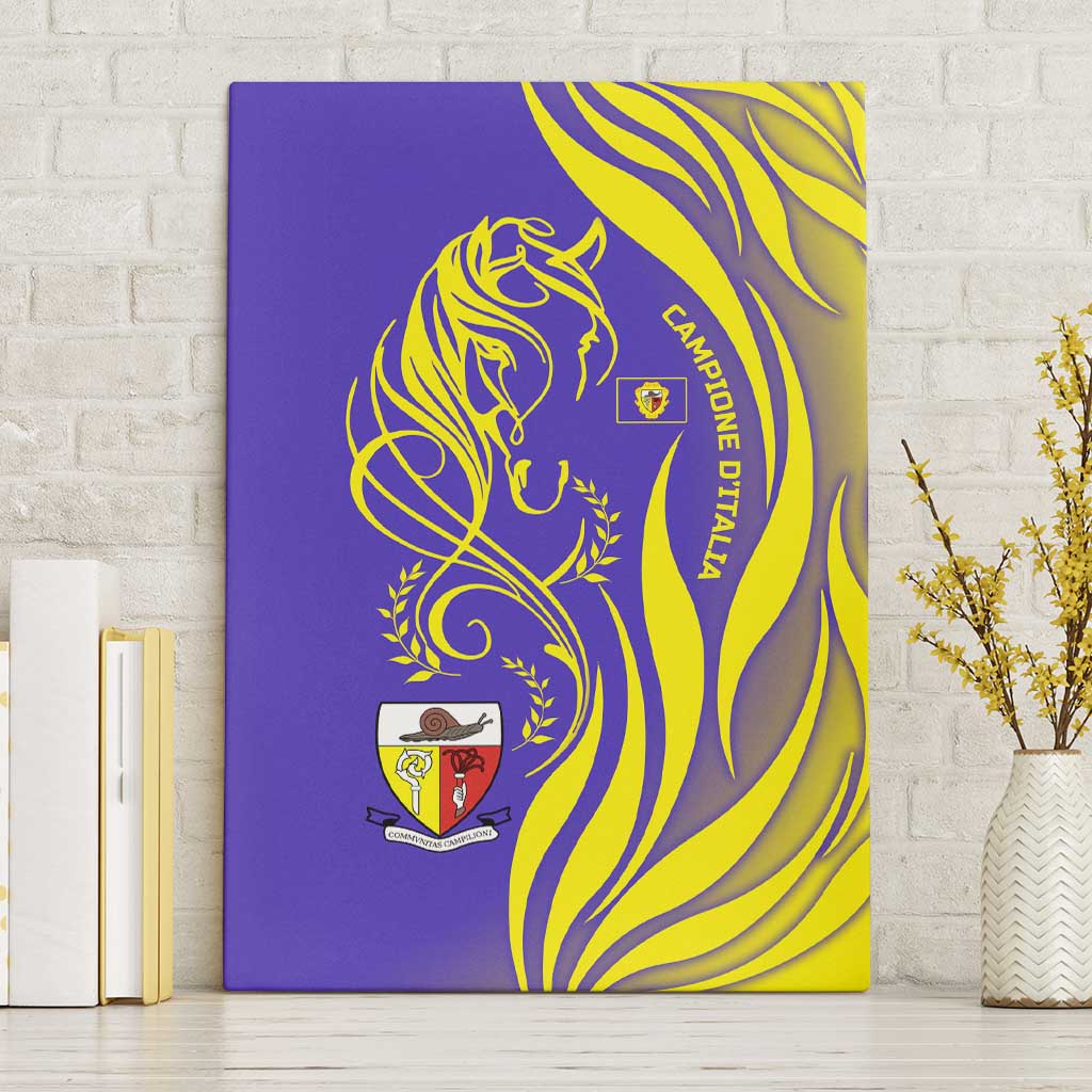 Campione d’Italia Canvas Wall Art with Yellow Horse Graphic and Purple Flame Crest - Wonder Print Shop
