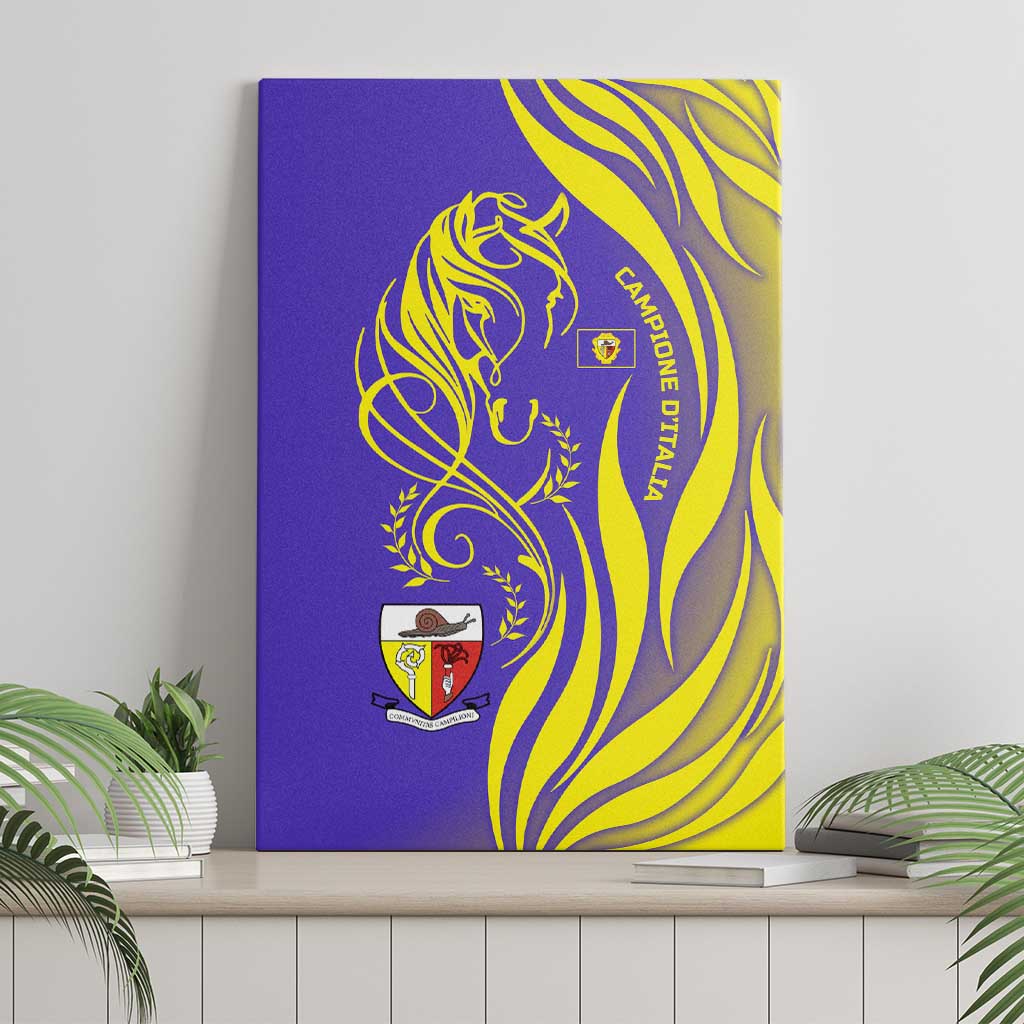 Campione d’Italia Canvas Wall Art with Yellow Horse Graphic and Purple Flame Crest - Wonder Print Shop