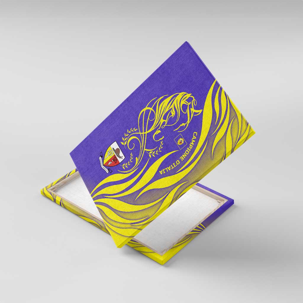 Campione d’Italia Canvas Wall Art with Yellow Horse Graphic and Purple Flame Crest - Wonder Print Shop