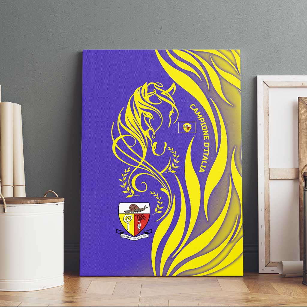 Campione d’Italia Canvas Wall Art with Yellow Horse Graphic and Purple Flame Crest - Wonder Print Shop