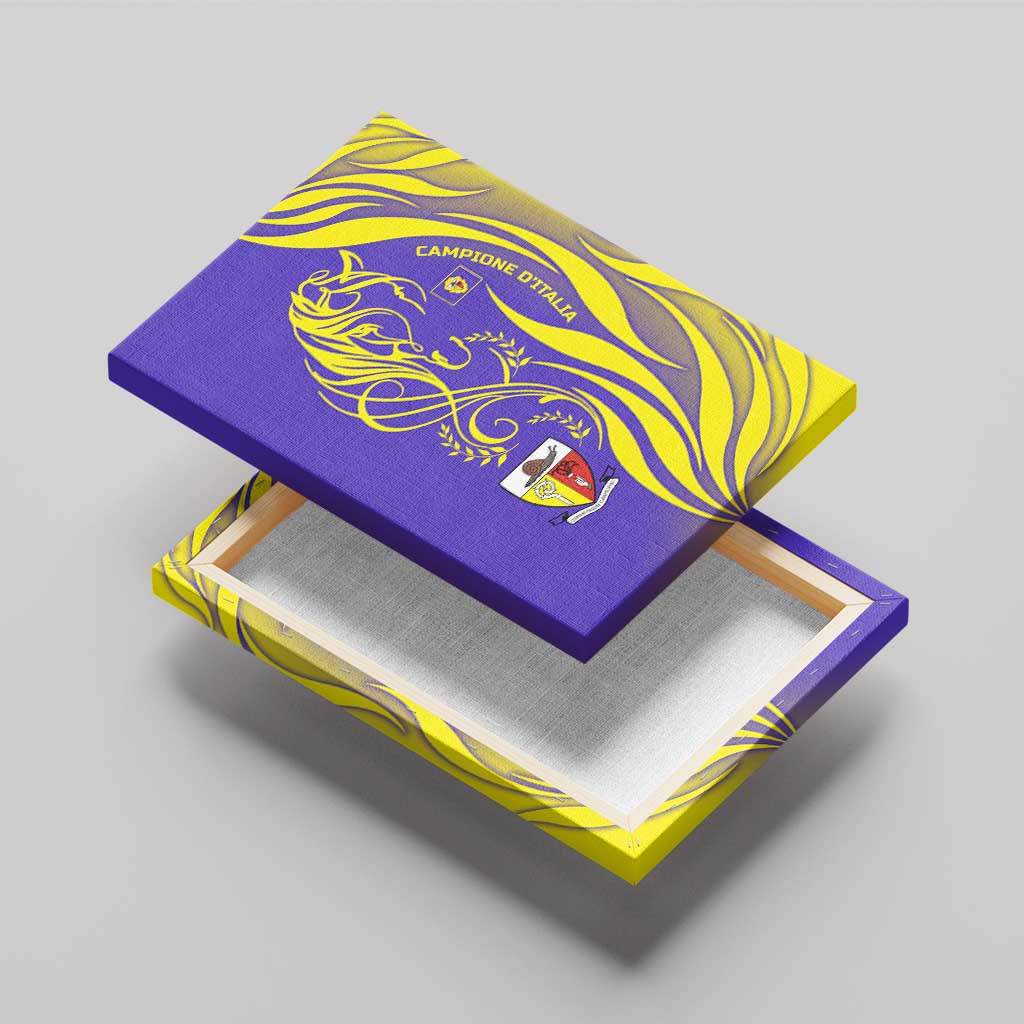 Campione d’Italia Canvas Wall Art with Yellow Horse Graphic and Purple Flame Crest - Wonder Print Shop