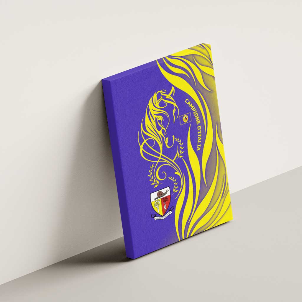 Campione d’Italia Canvas Wall Art with Yellow Horse Graphic and Purple Flame Crest - Wonder Print Shop