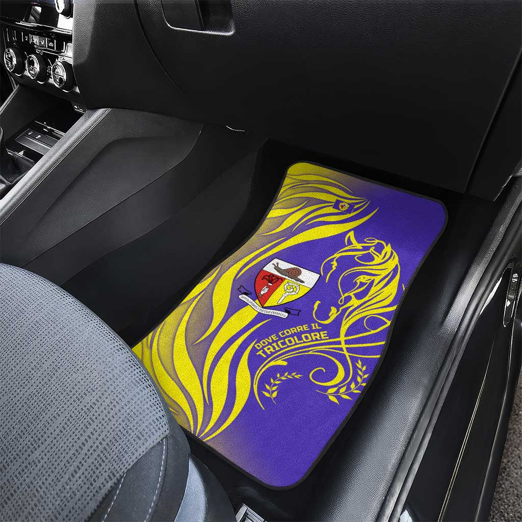 Campione d’Italia Car Mats with Yellow Horse Graphic and Purple Flame Crest - Wonder Print Shop